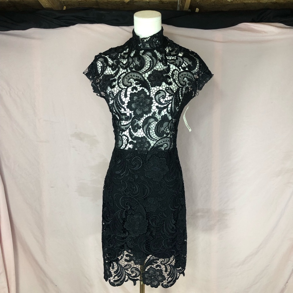 Prom Sheer Top Black Lace Cap-Sleeve Sheath Dress -NWT Size Small